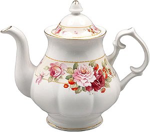 Chaleira de Chá de Osso de Porcelana Gracie com 5 xícaras, Peônia Rosa Morango