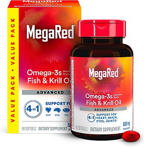 Megared Óleo de Peixe Omega 3 & Óleo de Krill Antártico Cápsulas para Suporte Cerebral, Cardíaco, Articular e Ocular (Frasco com 80 Cápsulas), Suplemento Concentrado de