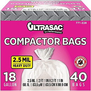 Sacolas de compactador de lixo Ultrasac - (pacote com 40 unidades com laços) 18 galões para compactadores de 15 polegadas - Sacos de descarte de lixo pesado de 25 x 35 2,5 MIL