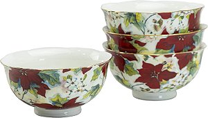 Tigela de Porcelana Redonda de Natal com Estampa de Bico-de-papagaio Grace Teaware Poinsettia (Conjunto com 4), Vermelha, 8 Onças