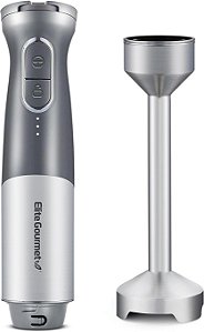 Liquidificador de Mão Recarregável sem Fio Elite Gourmet EHB1300, Velocidade Variável, Aço Inoxidável, Cinza, 16 Onças Líquidas