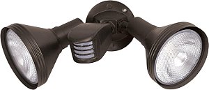 Luminária de segurança resistente à prova de intempéries em alumínio fundido pesado para áreas externas com dois focos, sensor de movimento e escudos protetores refletores, bronze.