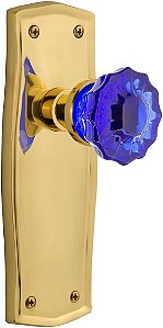 Fechadura de porta de vidro em cristal azul cobalto com placa Prairie 724890 da Nostalgic Warehouse em latão sem verniz, modelo de privacidade 2.375