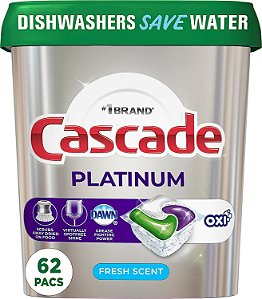 Cápsulas de Sabão para Lava-Louças Cascade Platinum, Actionpacs + Oxi com Ação Limpadora e Desodorizante para Lava-Louças, Fresco, 62 unidades de Cápsulas de Detergente para Lava-L