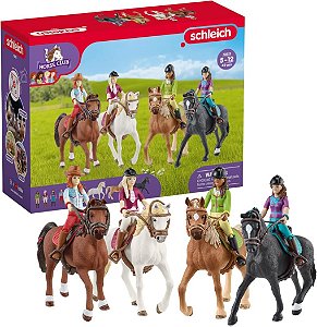 Clube do Cavalo Schleich Aventura 40 peças Conjunto de jogo Presentes de cavalo para meninas e meninos de 5 anos ou mais com 4 meninas cavaleiras, 4 brinquedos de cavalo e acessórios para equita