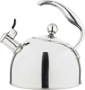 Chaleira de chá com apito de aço inoxidável de 3 camadas Viking, 2,6 litros, inclui tampa de vidro temperado, alça ergonômica que permanece fria, funciona em todos os tipos de fogão,