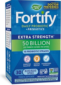 Nature's Way Fortify Probiótico Diário + Prebiótico para Homens e Mulheres, 50 Bilhões de Culturas Vivas, Suplemento de Suporte Digestivo e Imunológico de Força Extra, 30 Cápsulas