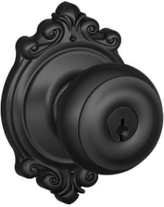 Fechadura de entrada com chave com maçaneta georgiana com detalhe Brookshire, preto fosco SCHLAGE F51A GEO 622 BRK
