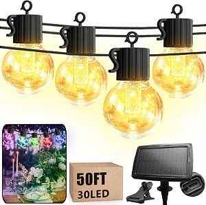 Luzes Externas Solares Ajustáveis em Cores Quentes, Cordão de Luz Solar de 50 Pés à Prova d'Água para Exteriores - Luzes de Pátio Alimentadas por Energia Solar com Carregamento USB para Pendurar