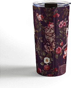 Caneca de Viagem Padrão de Gato e Floral Burcu Korkmazyurek da Society6, 20oz, Multi