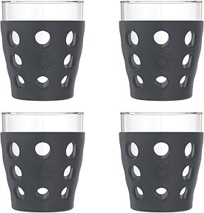 Copos para Bebidas Lifefactory de 10 Onças com Capas de Silicone Protetoras, 4 Unidades (Pacote com 1), Carbono