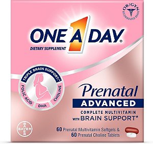Vitamina pré-natal completa avançada para mulheres One A Day com suporte cerebral* com colina, ácido fólico, ômega-3 DHA e ferro para pré, durante e pós-gravidez, 60+60 comprimidos
