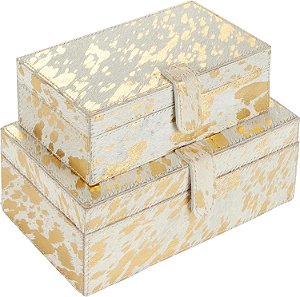 Caixa de Couro Feita à Mão Deco 79 com Pintura em Folha de Ouro, Conjunto de 2, 8, 10W, Dourado
