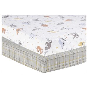 Lençóis de Flanela para Playard Slothing Around 2 Pack - Preguiças - Vermelho, Azul, Cinza, Amarelo, Branco; Xadrez Country - Cinza, Marrom, Amarelo, Branco; Cabe em Col