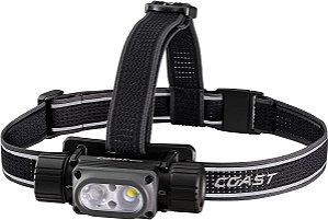 Lanterna de cabeça poderosa à prova d'água Coast WPH34R 2000 Lumen IP68 recarregável por USB - Dupla potência, 6 modos com feixe de luz spot e flood, preto/cinza