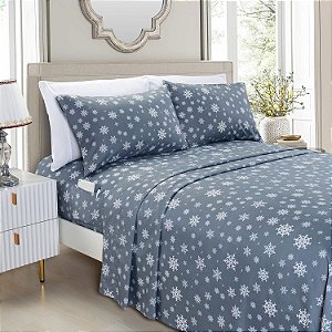 Jogo de cama de luxo Elegant Comfort com estampa de feriado, macio, de alta qualidade Microfibra 1500 - Resistente a rugas e desbotamento (conjunto de 4 peças), solteiro, floco de neve-cinza