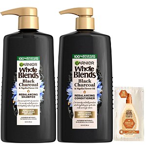 Kit de shampoo e condicionador reequilibrantes de carvão preto e óleo de flor de cominho preto Garnier Whole Blends para couro cabeludo oleoso e pontas secas com amostra, 26,6 Fl Oz, 1 kit (