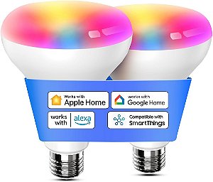 Lâmpada Inteligente meross, Lâmpadas LED WiFi BR30 Flood com suporte para Apple Homekit, Siri, Alexa, Google, Mudança de cor completa RGBW Dimável 1300 Lumens Equivalente a 100W, Pacote com 2