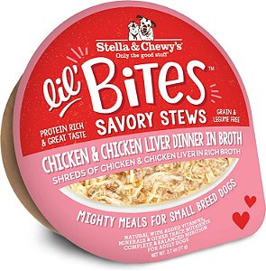 Stella & Chewy's Pequenos Bocados Ensopados Saborosos para Raças Pequenas Jantar de Frango e Fígado de Frango em Caldo, Copos de 2,7 Oz. (Pacote com 12)