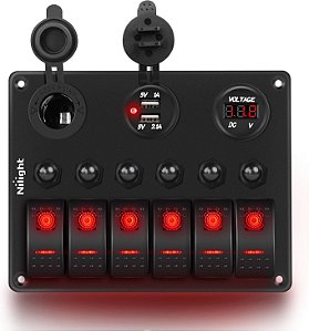 Painel de Interruptor Basculante ON Off de 6 vias Nilight com Iluminação Traseira Vermelha 12V 24V Voltímetro Digital LED 3.1A Carregador USB Duplo Tomada para Isqueiro de Cigar