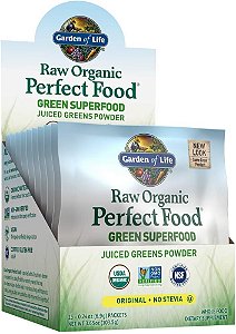 Pó de suco de vegetais orgânicos crus Garden of Life Raw Organic Perfect Food Green Superfood em pacotes individuais - Original sem Stevia (15 unidades) - Suplemento Alimentar Completo, sem OGM, sem glúten, com probióticos