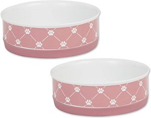 Conjunto de tigelas para animais de estimação com estampa de patinha, à prova de micro-ondas e lava-louças, fundo de silicone antiderrapante para menos bagunça, médio 6x2, rosa, 2 unidades