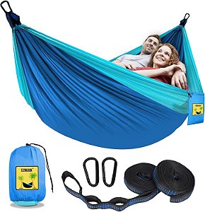 Rede de Acampamento Dupla Portátil SZHLUX com Acessórios e Equipamentos de Acampamento, Ótimo para Caminhadas, ao Ar Livre, Praia, Acampamentos, Azul Escuro e Azul Céu, Grande