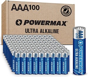 Pilhas Powermax AAA 100 Contagem, Pilhas Alcalinas de Longa Duração, Vida Útil de 10 Anos, Embalagem Reciclável