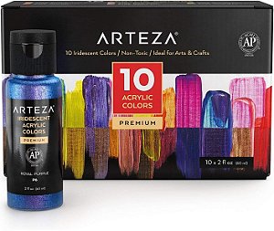 Tinta Acrílica Iridescente ARTEZA, Conjunto de 10 Cores Camaleão, Frascos de 2 oz/60ml, Alta Viscosidade à Base de Água, Tintas Miscíveis com Brilho, Materiais de