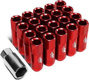 Porca de roda aberta de alumínio vermelho 7075 M12X1.5 20 peças L: 60mm com adaptador de soquete - Engenharia J2 LN-T7-009-15-RD