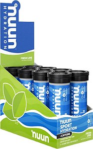 Comprimidos de Eletrólitos com Cafeína Nuun Sport para Hidratação Pró-ativa, Limão Fresco, 8 Pacotes (80 Porções)