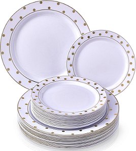 Conjunto de Jantar Descartável com 40 Pratos Laterais da Coleção Pontos Encantadores, 20 Serviços, Branco/Dourado