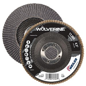 Disco de Aletas Abrasivas Weiler 31347 Wolverine 4-1/2 x 7/8 Furo de Arbor, 120 Granulação Zircônia Alumina, Tipo 29 em Bisel, Base Fenólica, Densidade