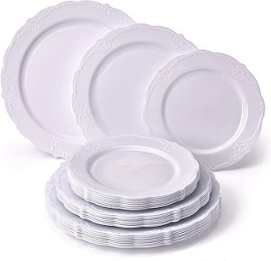 CONJUNTO DE 30 PRATOS DESCARTÁVEIS PARA FESTA 10 Pratos de Jantar 10 Pratos de Salada 10 Pratos de Sobremesa Pratos de Plástico Descartáveis Resistentes com Aparência de Porcel