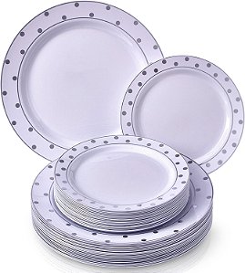 Conjunto de Jantar Descartável Silver Spoons Party 40 PC Dinner Side Plates | Coleção de Pontos Charmosos, 20 Porções, Branco/Prateado