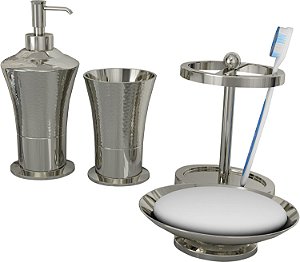 Conjunto/4 de Acessórios de Banheiro Nu Steel- Saboneteira, Porta Escova de Dentes, Copo e Bomba de Loção, Conjunto Clássico de Banheiro de Tatara, Acabamento em Níquel Bril