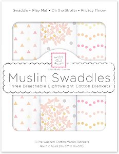 Cobertores de Musselina SwaddleDesigns, Cobertor Swaddle para Menina, Florais Celestiais Rosas com Toque de Brilho Dourado, Conjunto de 3