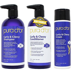 Conjunto Completo de 3 Peças Curly & Classy da PURA D'OR (Shampoo, Condicionador, Creme) Para Cachos Luscious & Definidos, Fórmula Nutritiva com Óleo de Argan,