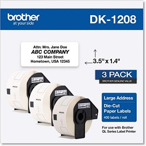 Etiquetas de endereço grandes cortadas a laser Brother Genuine DK-1208, confiabilidade duradoura, etiquetas de papel cortadas a laser, 400 etiquetas por rolo, (1) rolo por caixa - DK1208, branco (DK