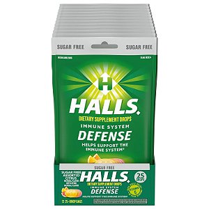 Pastilhas de vitamina C sem açúcar no sabor cítrico sortido HALLS Defense, 12 pacotes de 25 pastilhas (300 no total), suplemento alimentar.