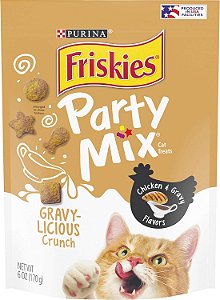 Petiscos para gatos Friskies da Purina, feitos em instalações dos EUA, Party Mix Crunch Sabores de Frango e Molho de Gravylicious - (6) Pouches de 6 oz.
