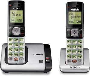 Telefone sem fio expandido com identificador de chamadas/espera, intercomunicador de aparelho e display/teclado retroiluminados, prateado, 2 unidades.