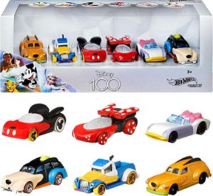 Carrinhos de Brinquedo Hot Wheels, Conjunto de 6 Personagens da Disney em Escala 1:64, Embalagem Especial Disney100, Para Crianças e Colecionadores