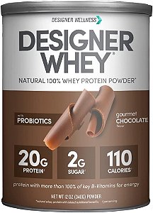 Designer Bem-estar Designer Whey Natural 100% Proteína em Pó de Soro de Leite com Probióticos, Fibras e Vitaminas B-Chave para Energia, Sem Glúten, Não-OGM, Chocolate Gourmet 12 oz