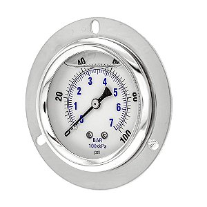 Manômetro Industrial de Pressão Preenchido com Glicerina para Montagem em Painel com Flange Frontal PIC Gauges PRO-204L-254E, Caixa de Aço Inoxidável, Internos de Latão, Visor de Plástico, Mo