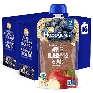 Purê de Frutas e Aveia Organico para Bebês Felizes - Estágio 2, Sem Glúten, Vegano e Saudável, Maçãs, Mirtilos e Aveia - 4 Onças (Pacote com 16)
