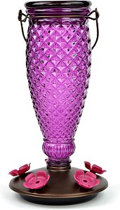 Alimentador de Beija-flor de Vidro de Preenchimento Superior em Forma de Diamante Roxo Perky-Pet 9102-1SR com Protetores Integrados contra Abelhas - Decoração para Jardim Externo - 24 Oz