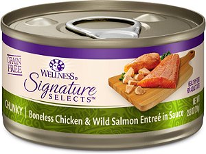 Alimento úmido para gatos Wellness CORE Grain-Free Signature Selects, Alimento Natural para Animais de Estimação Feito com Carne Real (Frango e Salmão em Pedaços, 2,8 onças, Pacote com 12)
