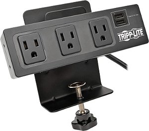 Protetor de surto com 3 tomadas Tripp Lite com grampo de mesa, cabo de 10 pés, 510 joules, 2 portas de carregamento USB, preto, seguro de $20 mil (TLP310USBC)