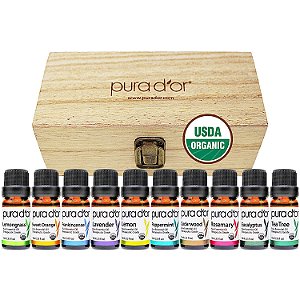 Conjunto de Óleos Essenciais Orgânicos Pura D'OR Perfect10 - Conjunto de Presente de Aromaterapia em Caixa de Madeira 10x10m - 100% Puro Grau Terapêutico para Relaxamento e